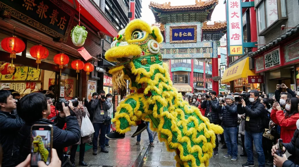 横浜中華街 採青 獅子舞が店先の紅包をくわえ取る瞬間