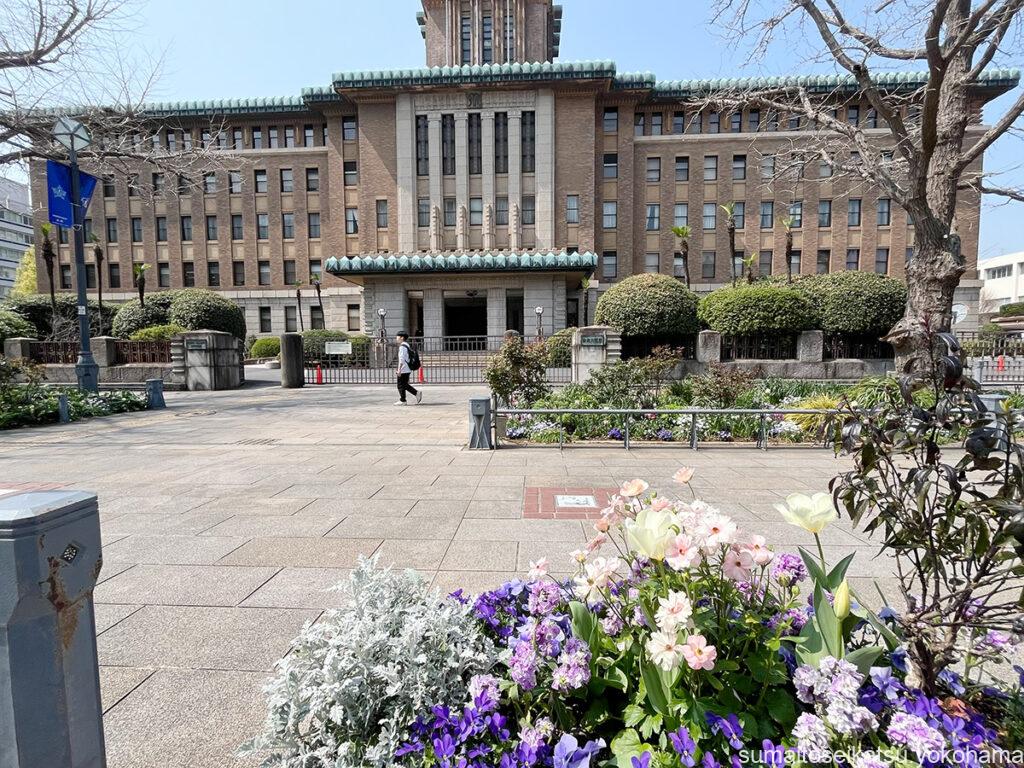 日本大通りのチューリップと県庁